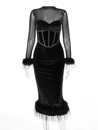Tossy Fluffy See-Through Patchwork Long Dress For Women Elegant Mesh Long Sleeve Fashion High Waist Maxi Dress Female Gown 2024