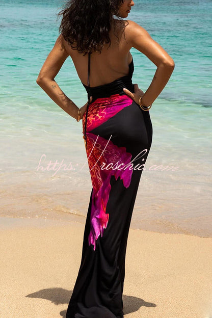 Hayden Floral Print Center Ruched Halter Slit Maxi Dress