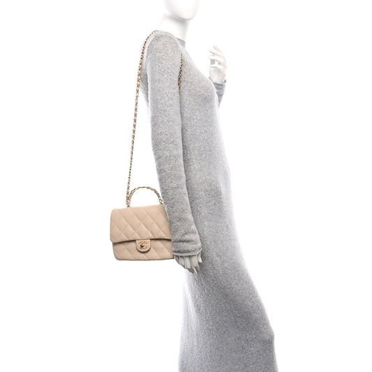 Lambskin Quilted Metal Enamel Chain Top Handle Square Flap Beige