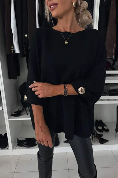 Elegance and Modern Knit Button Detail Half Sleeve Loose Sweater