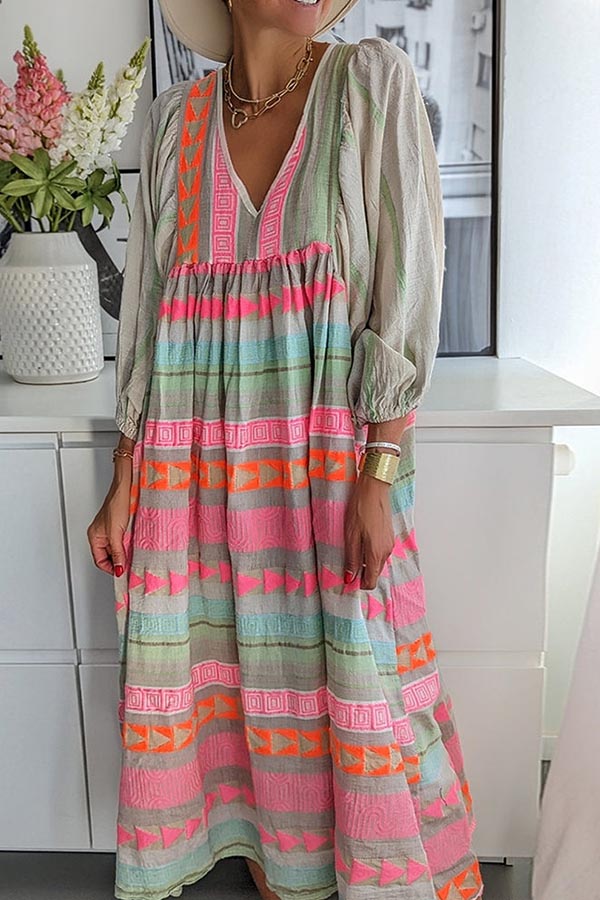 Vestido midi con estampado de rayas de clave griega rosa y cadena naranja