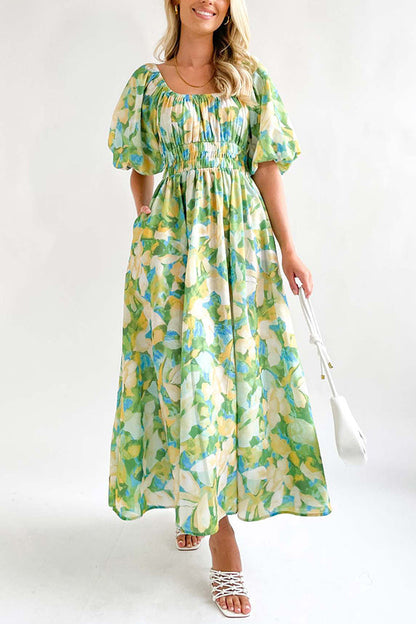 Elegante vestido largo con cuello cuadrado y mangas abullonadas estampadas 