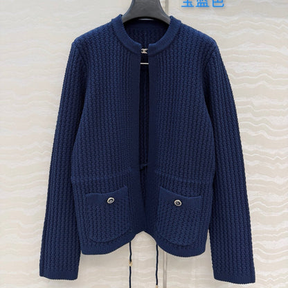 Chanel 26c Rhinestone Buckle Belt Cardigan Blue Wool 333721