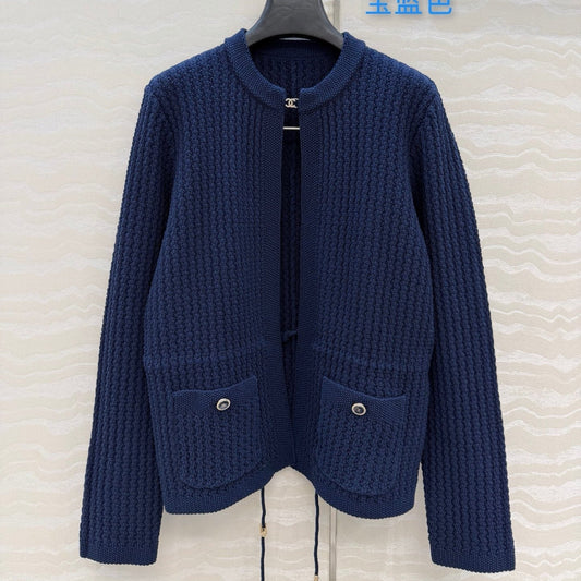 Chanel 26c Rhinestone Buckle Belt Cardigan Blue Wool 333721