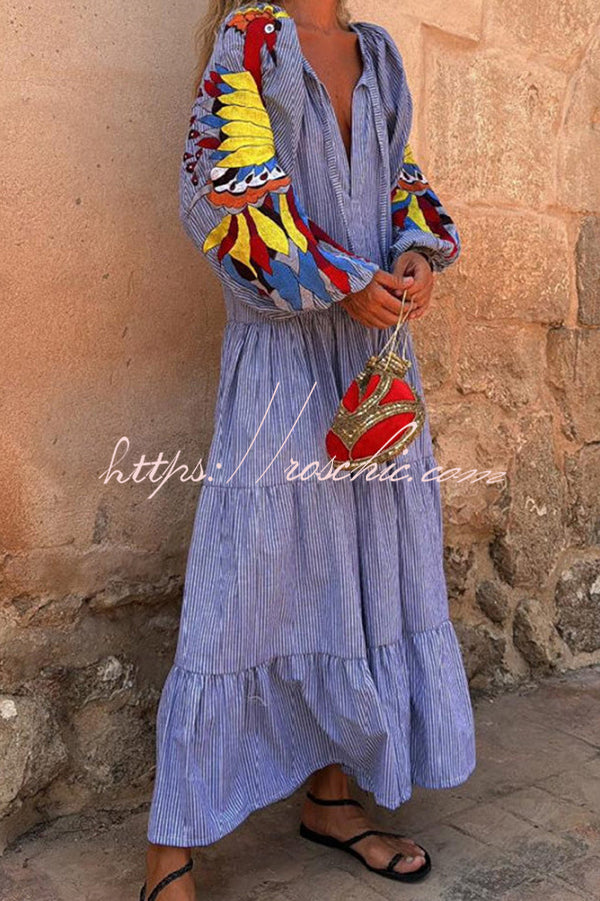 Unique Printed V-neck Lace-up Balloon Sleeves Loose Maxi Dress