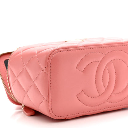 Lambskin Quilted Small Charming Top Handle Vanity Case With Chain Pink