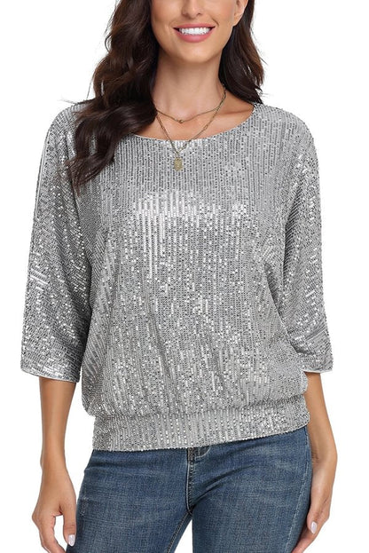 Top casual holgado de cuello redondo con lentejuelas de color liso