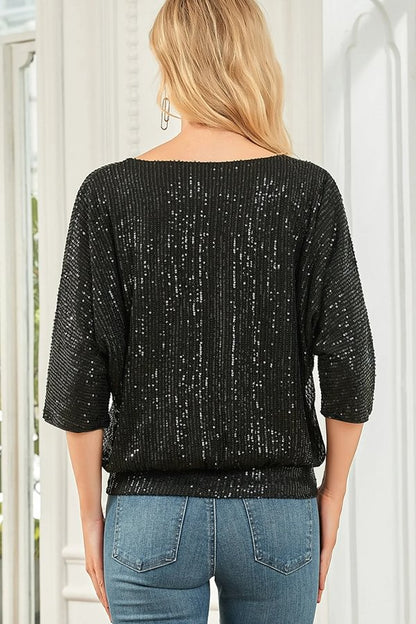Top casual holgado de cuello redondo con lentejuelas de color liso