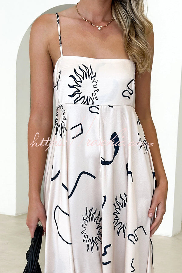 Elide Satin Unique Print Back Smocked Vacation Maxi Dress