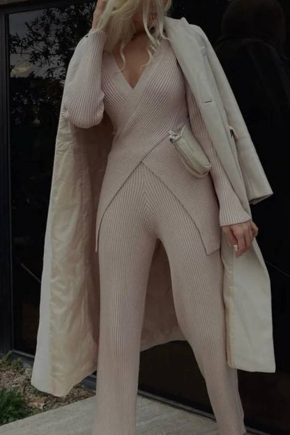Suéter casual para mujer, pantalones anchos, traje de dos piezas