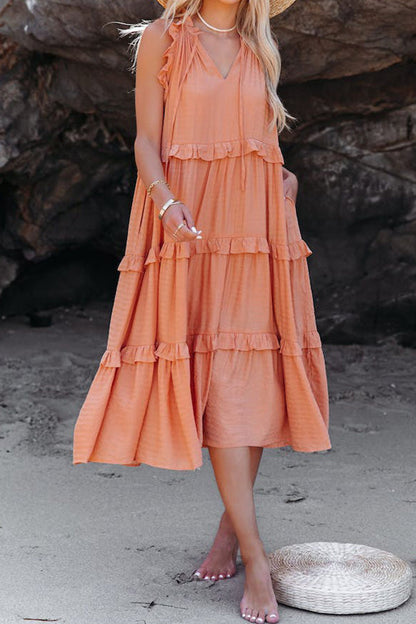 VESTIDO MIDI ESCALONADO CON BOLSILLOS DE MEZCLA DE ALGODÓN