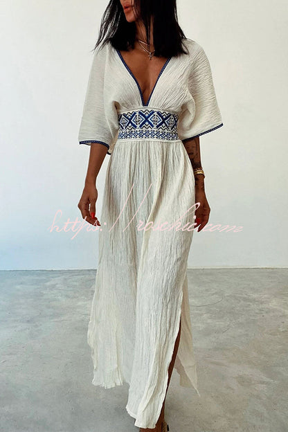 Sunlit Days Linen Blend Ethnic Printed Elastic Waist Slit Maxi Dress