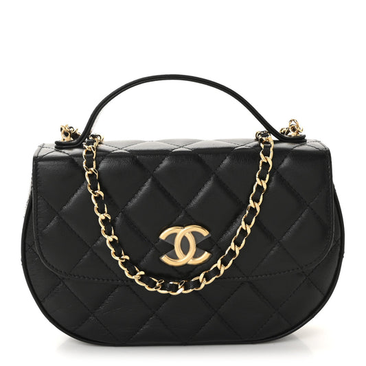 Shiny Aged Calfskin Quilted Flap Phone Holder With Chain Black