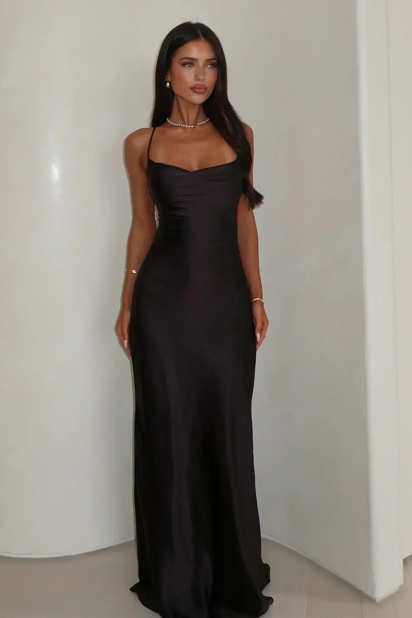 Starlette Cowl Neck Satin Maxi Dress - Black