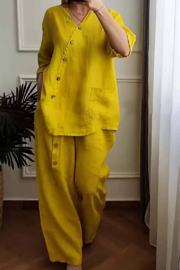 Conjunto de dos piezas de top corto y pantalón ancho de algodón y lino en color liso