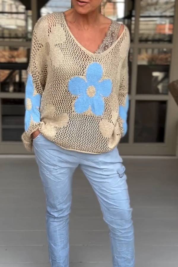 Camisa de punto floral con cuello en V calado Suéter de malla floral