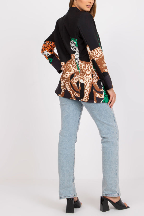 Blazer largo ajustado con contraste y estampado de leopardo