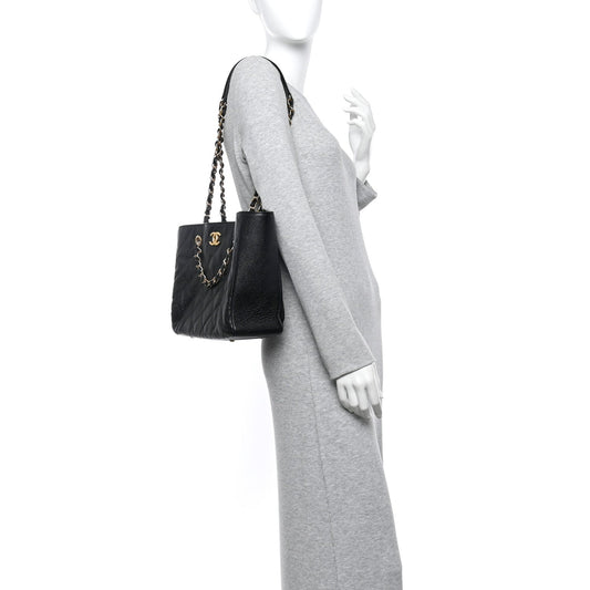 Caviar Quilted Small Trapezoid Chain Shopping Tote Black