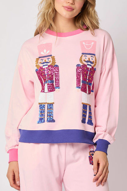 Conjunto de sudadera con lentejuelas y pantalones holgados con cintura elástica y bolsillos de estilo soldado navideño