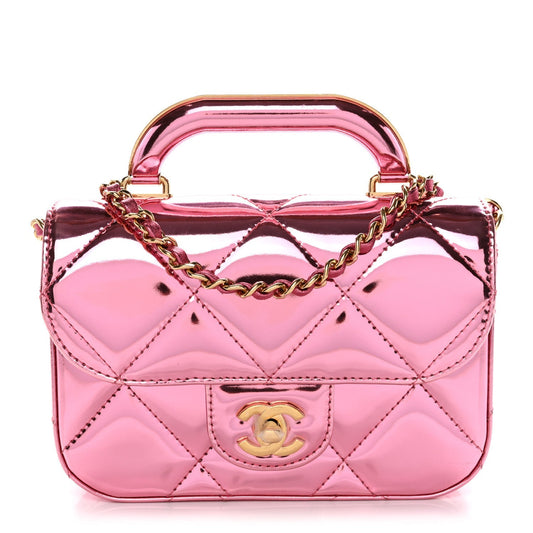 Mirror Metallic Calfskin Quilted Mini Top Handle Flap Pink