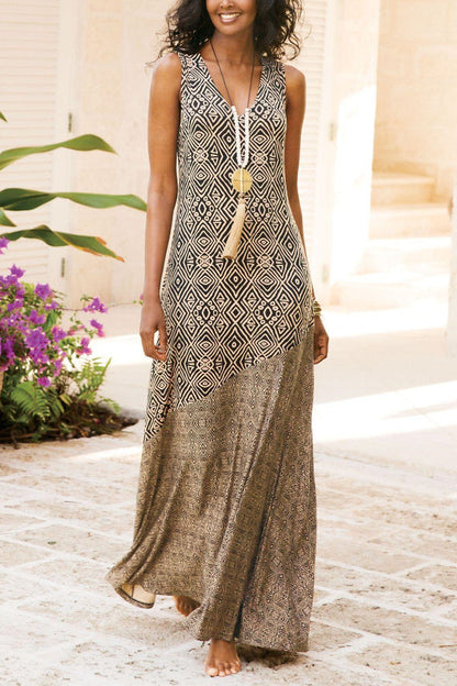 Vestido largo con cuello en V estampado elegante y único