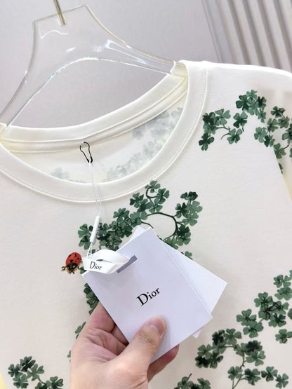 CD Fitted T-Shirt White Cotton Jersey with Green Toile de Jouy Clover Motif