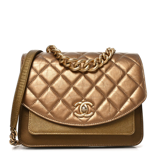 Metallic Calfskin Caviar Quilted Chain Handle Flap Gold