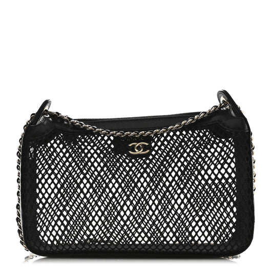 Mesh Shiny Lambskin Clutch With Chain Black