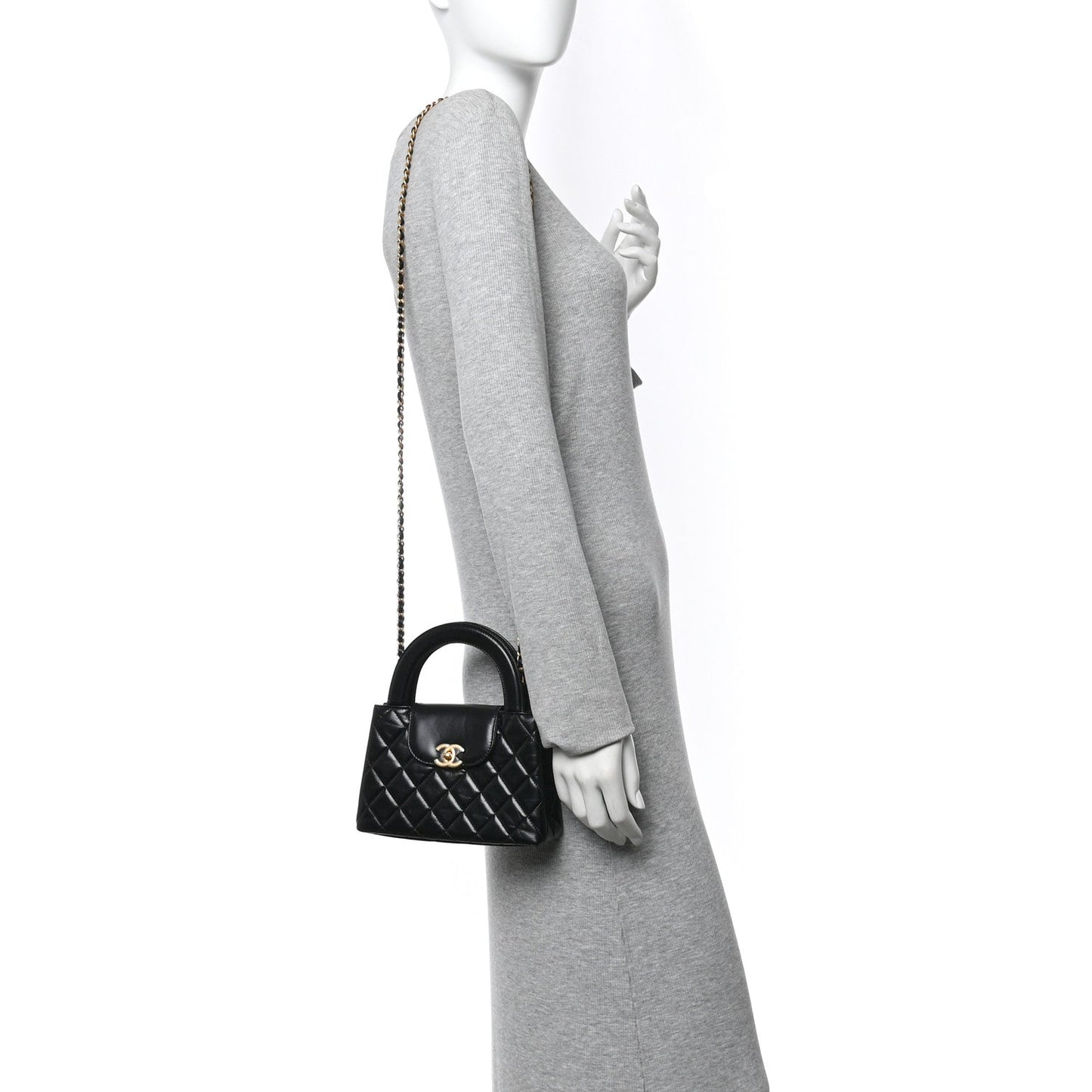 Shiny Aged Calfskin Quilted Nano Kelly Shopper Black
