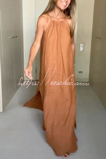 Down By The Cove Linen Blend Halter Maxi Dress