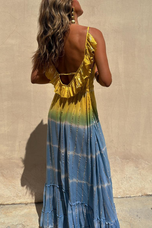 Vestido largo tie-dye de lúrex dorado