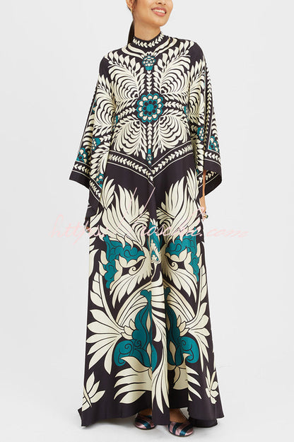 Shine The Light Unique Printed High Neck Bell Sleeve Loose Maxi Dress