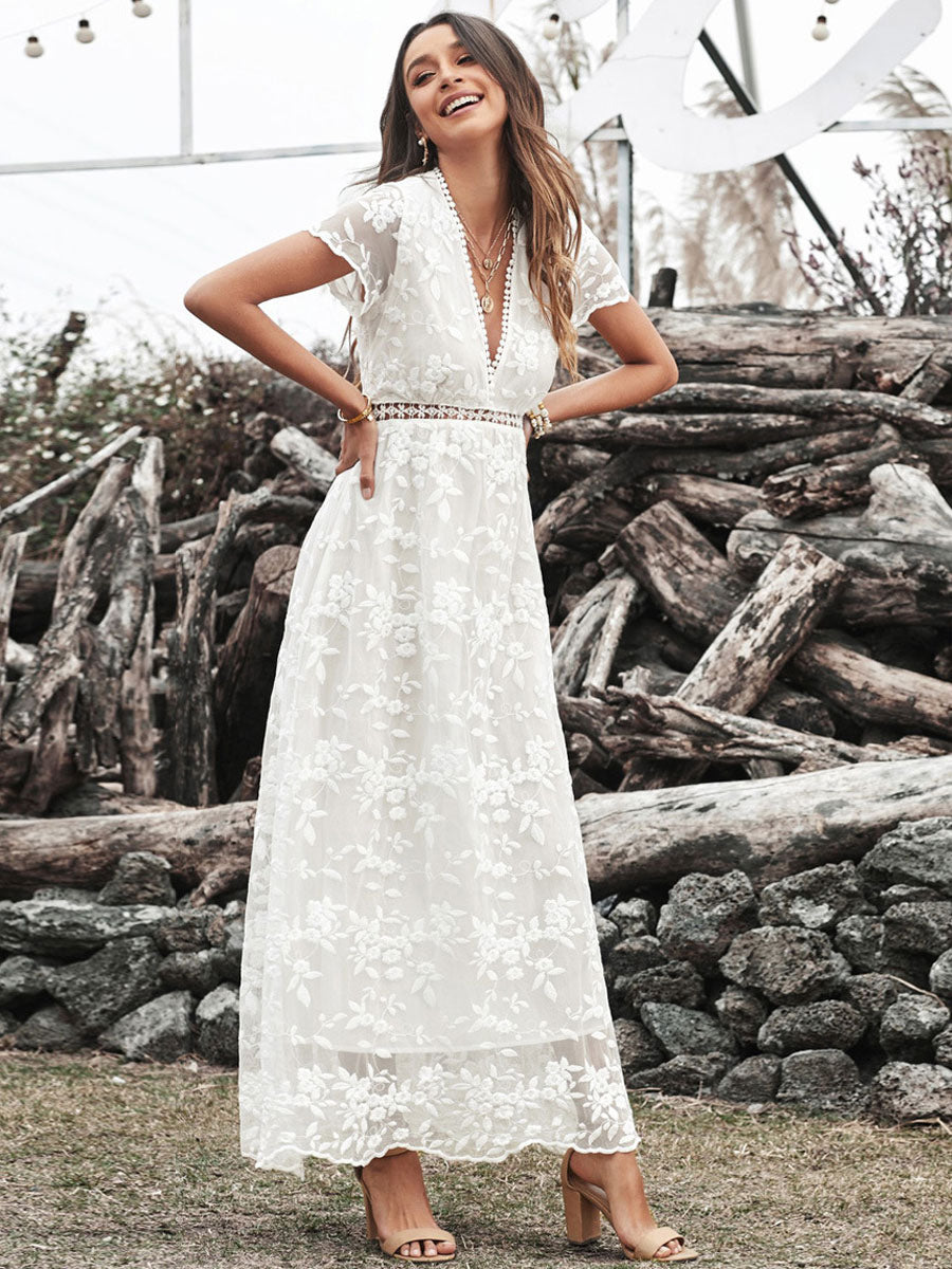 V-Neck Maxi Dress Short Sleeves Casual Floor Length Dress