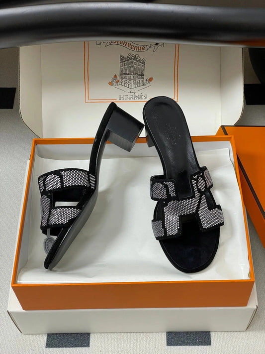 HM 25S ORAN HIGH‐HEEL SANDAL 50 MM IN BLACK LAMBSKIN WITH WHITE STONE DETAILS