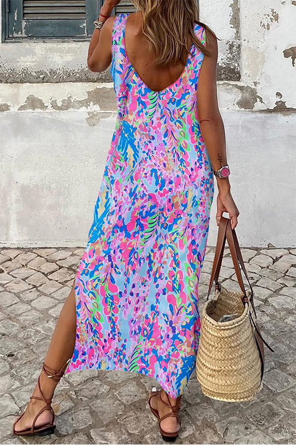 Vestido largo sin mangas con cuello redondo y estampado fluorescente morado