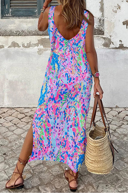 Vestido largo sin mangas con cuello redondo y estampado fluorescente morado
