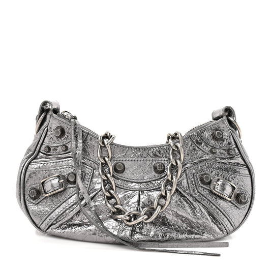 Metallic Agneau Arena Le Cagole Chain Shoulder Bag XS Silver