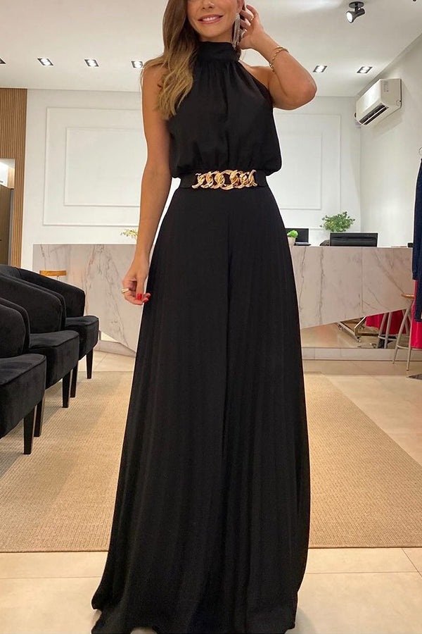 Mono plisado de pierna ancha y cuello halter de Midnight Gala