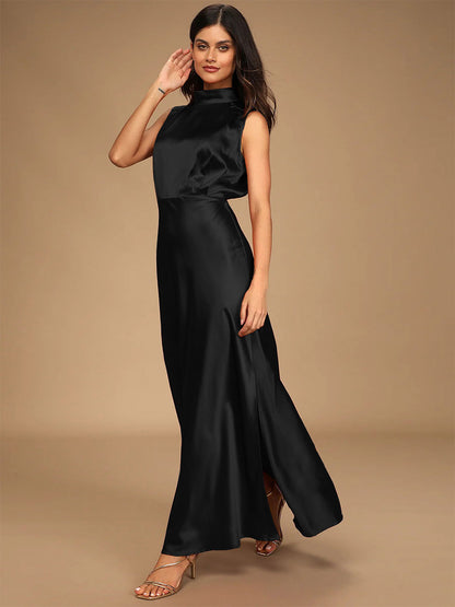 Maxi Dress High Collar Sleeveless Casual Low-slit Long Dress