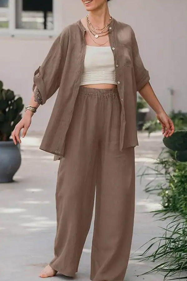 Conjunto de camisa y pantalón de color liso holgado informal