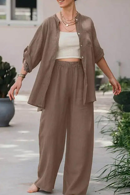 Conjunto de camisa y pantalón de color liso holgado informal