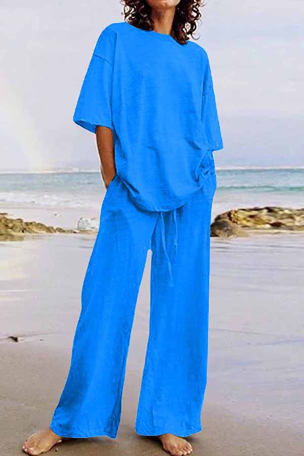 Conjunto informal de dos piezas con cuello redondo, manga corta (11 colores)