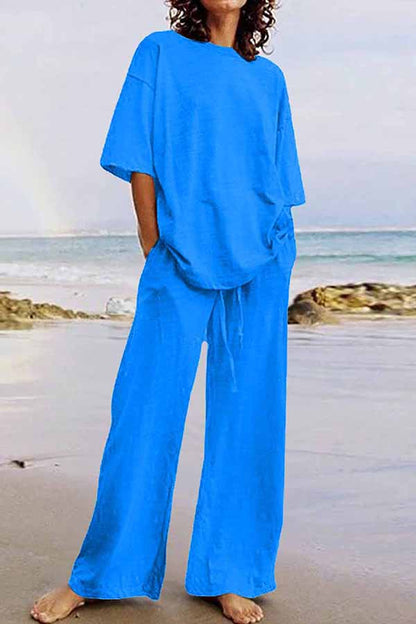 Conjunto informal de dos piezas con cuello redondo, manga corta (11 colores)