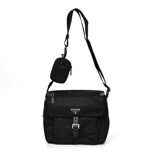 Re-Nylon Vela Saffiano Pocket Single Buckle Messenger Shoulder Bag Black