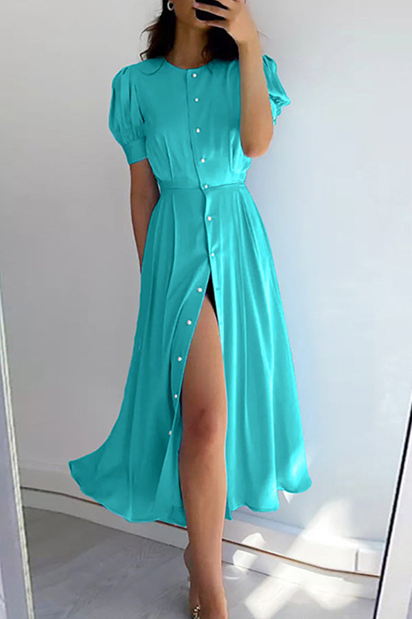 Elegante vestido de viajero diario con cintura alta y abertura hasta la mitad de la longitud 