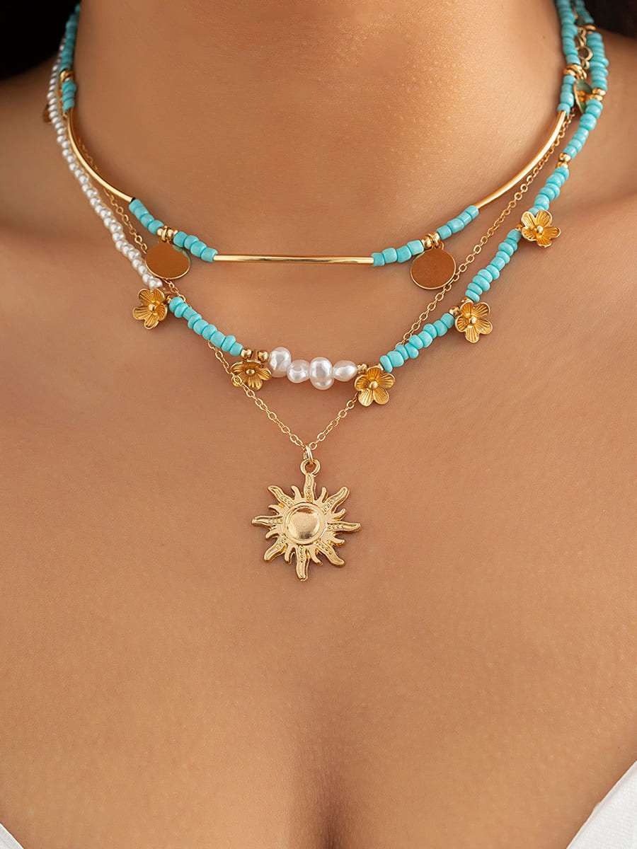 3pcs Sun \u0026 Floral Faux Pearl Beaded Necklace
