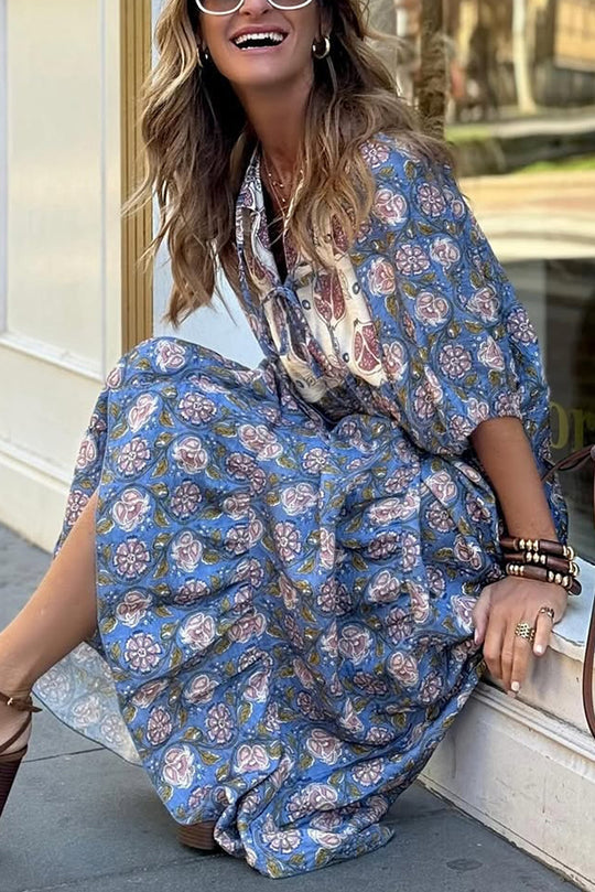 Vestido largo holgado con cordones y mangas abullonadas con estampado bohemio único para vacaciones