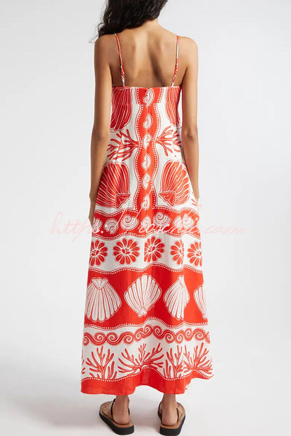 Beautiful Shell Unique Print Front Lace-up Loose  Maxi Dress