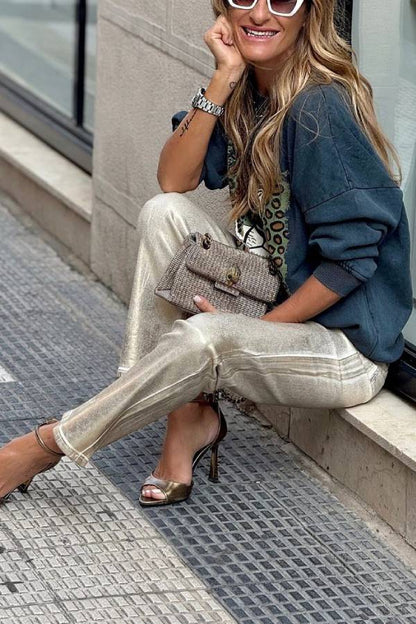Pantalones anchos con bolsillos sueltos, estilo retro, rectos y plateados