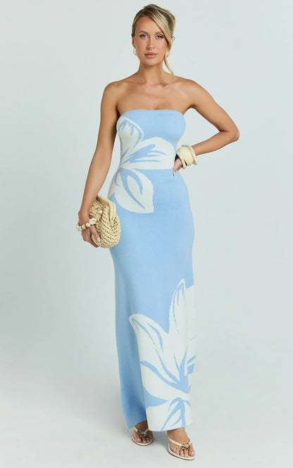 Amy Midi Dress - Knit Strapless Column Dress in Intarsia Print
